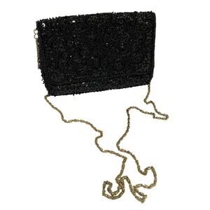 Vintage La Regale black beads & sequins evening bag converts to clutch purse